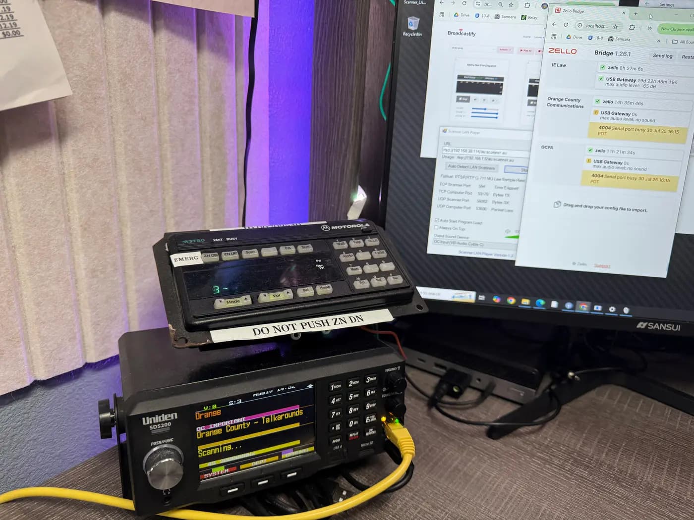 Dispatch radio stack with scanner actively monitoring Orange County channels