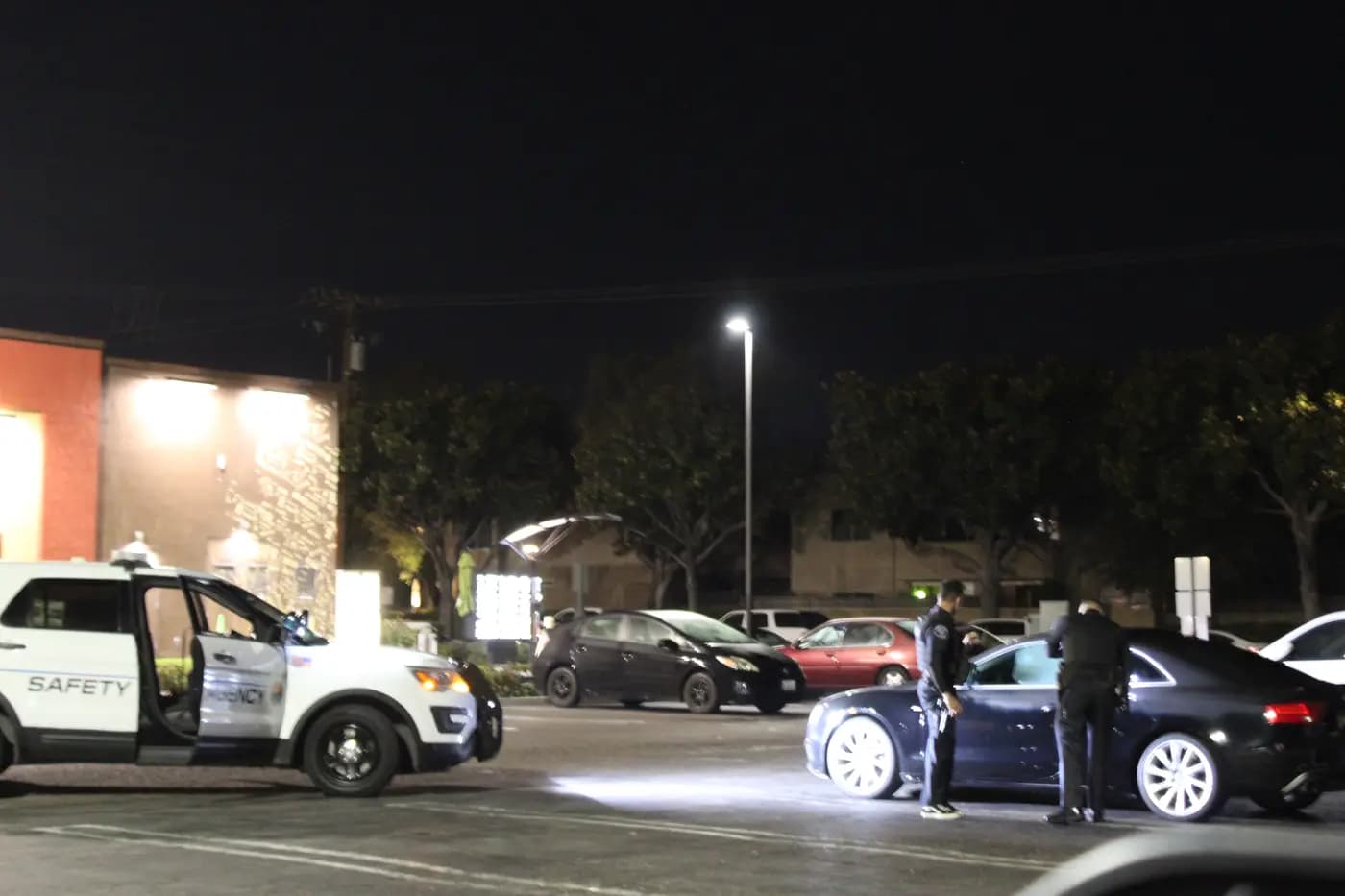 Two officers responding to a call at a vehicle in a strip-mall lot at night