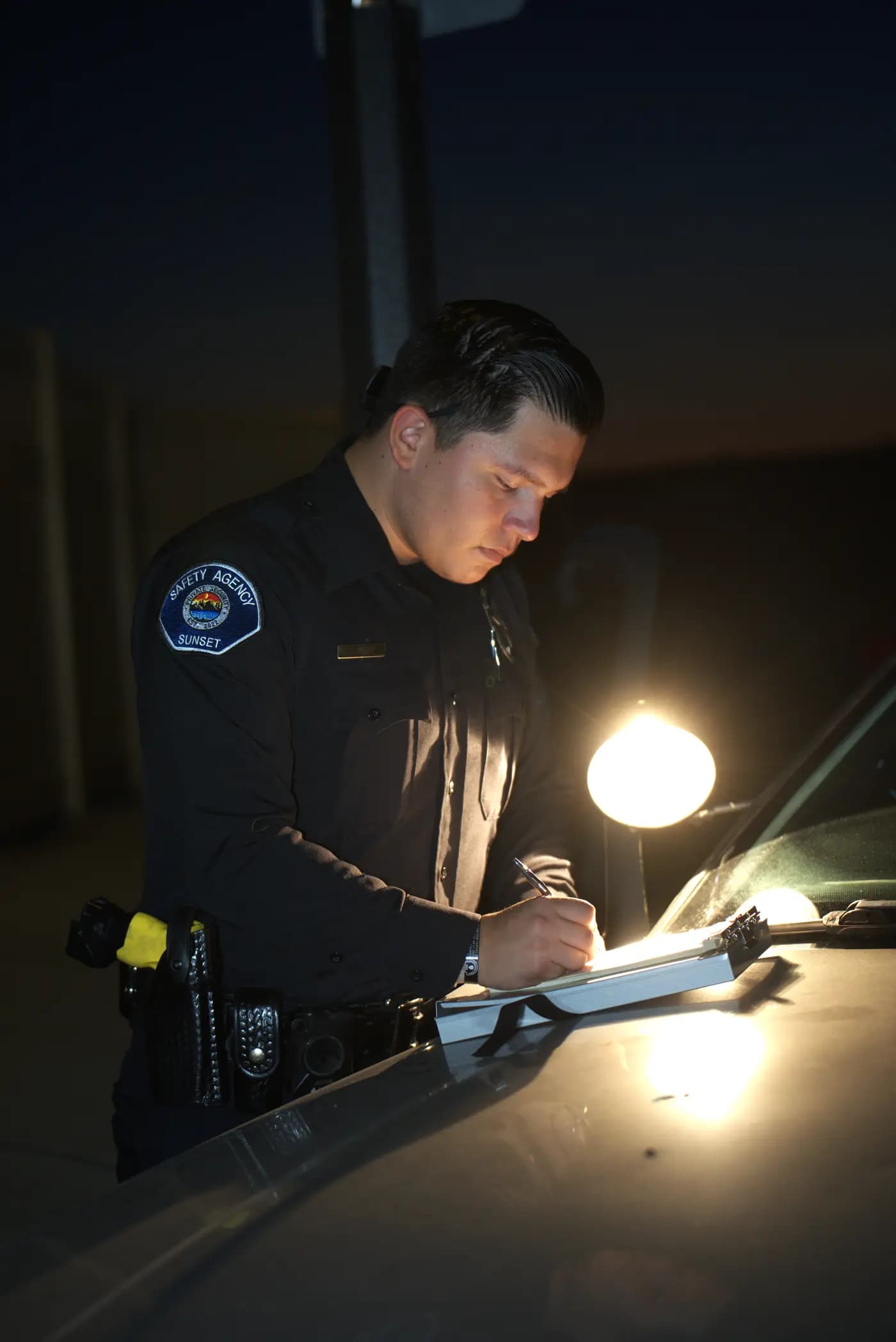 Officer writing a citation on the patrol car hood, lit by the vehicle spotlight
