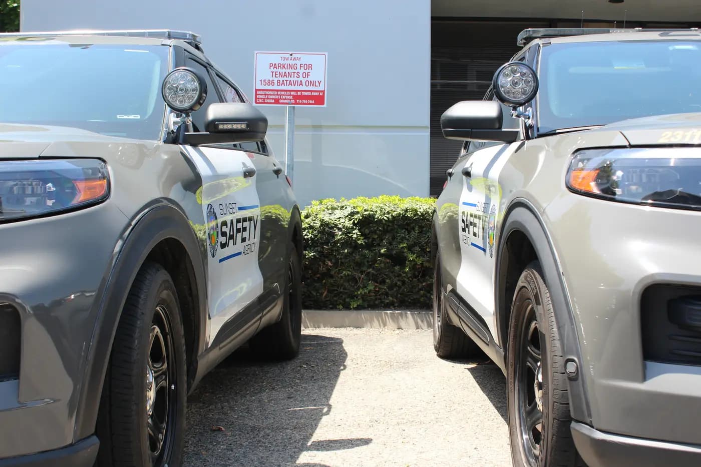 Tow-away parking sign framed between two marked patrol SUVs
