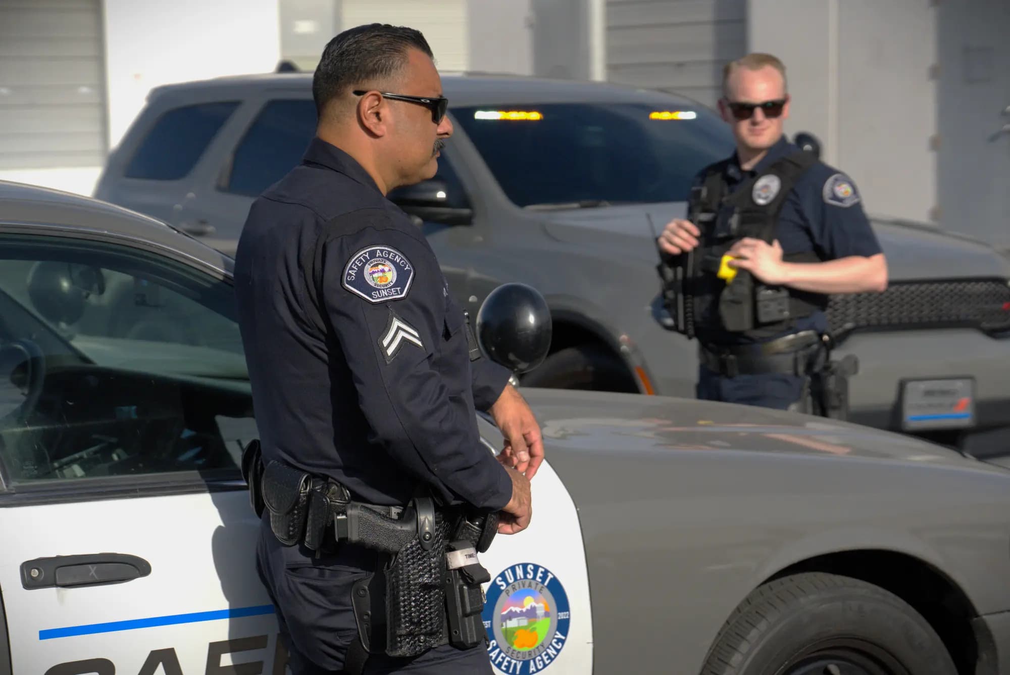 Two uniformed officers with marked patrol vehicles, one leaning on the door seal