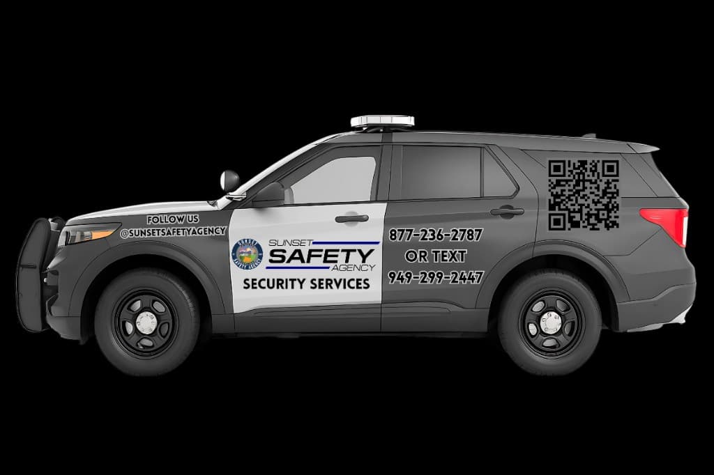 Sunset Safety Agency marked patrol vehicle on a documented patrol route in Orange County