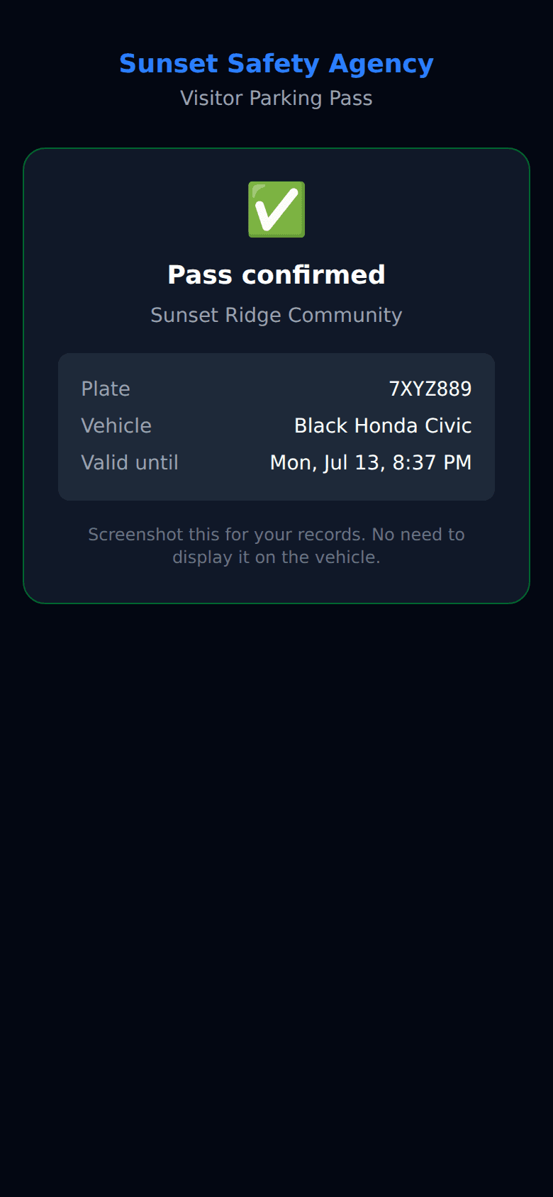 Pass confirmed screen showing plate, vehicle, and valid-until time