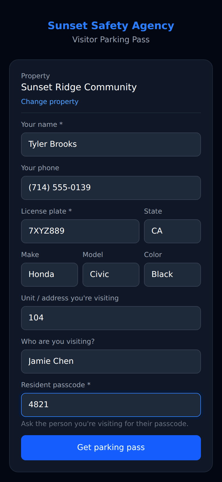 Guest safelist form filled out with plate, vehicle, unit, and resident passcode