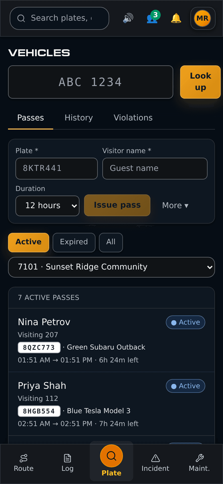 Officer plate lookup showing pass, permit, and blocked-plate checks