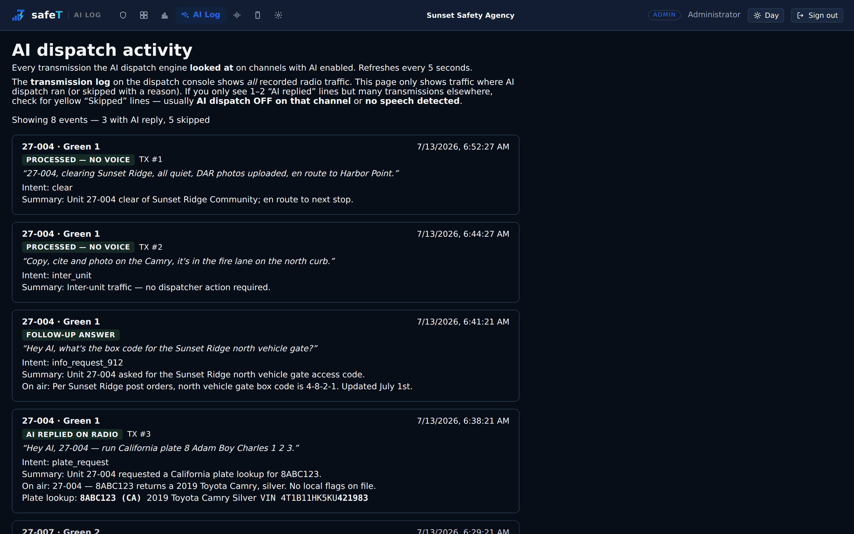 safeT AI dispatch log — a unit asks for a plate run over the radio and the AI dispatcher answers on the air