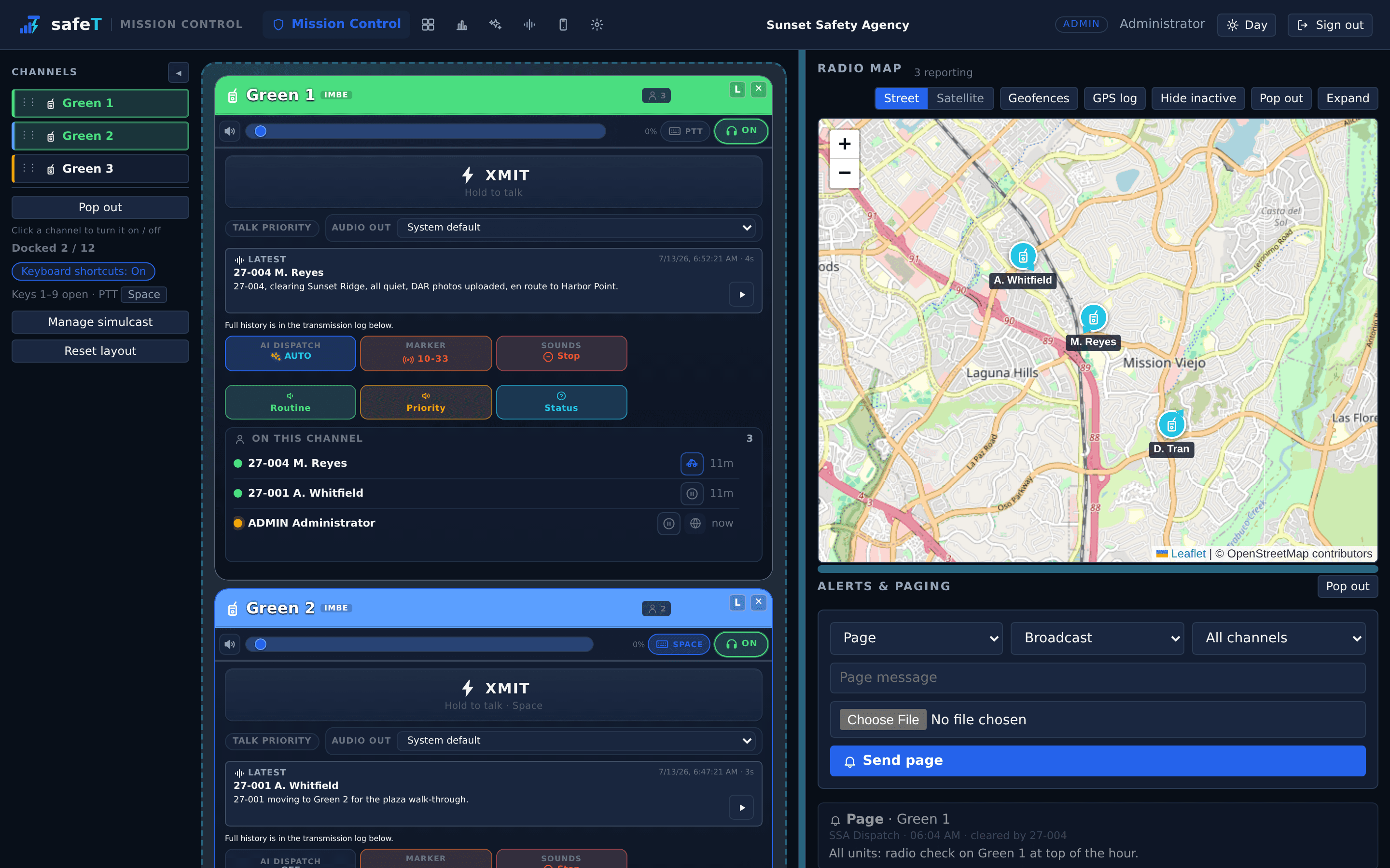 safeT Command dispatch console with live channels, unit roster, radio map, and transmission log
