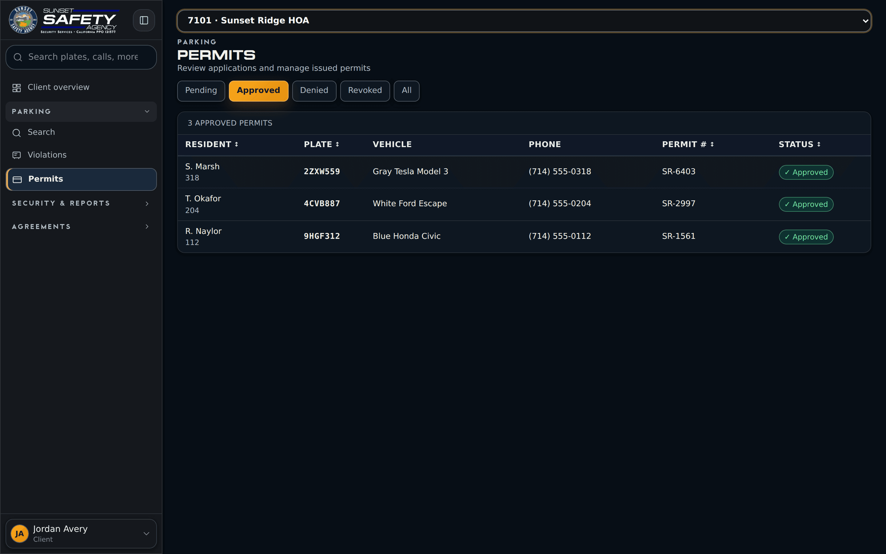 Approved parking permits in the Sunset client portal