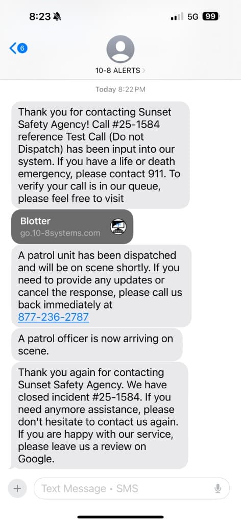 Example of real-time incident notification text alert