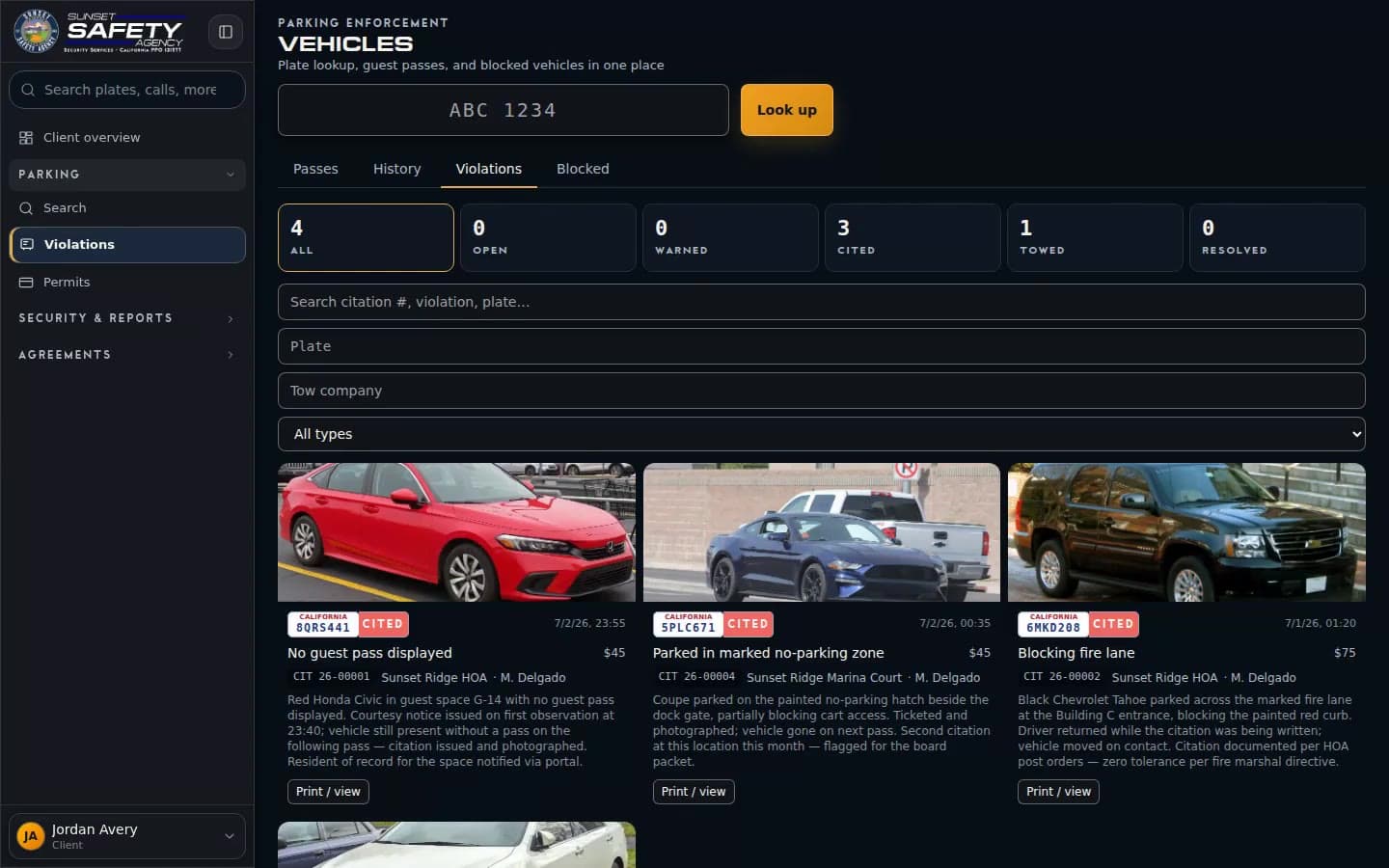 Screen recording of a parking citation with time-stamped photos and post orders in the Sunset Safety client portal