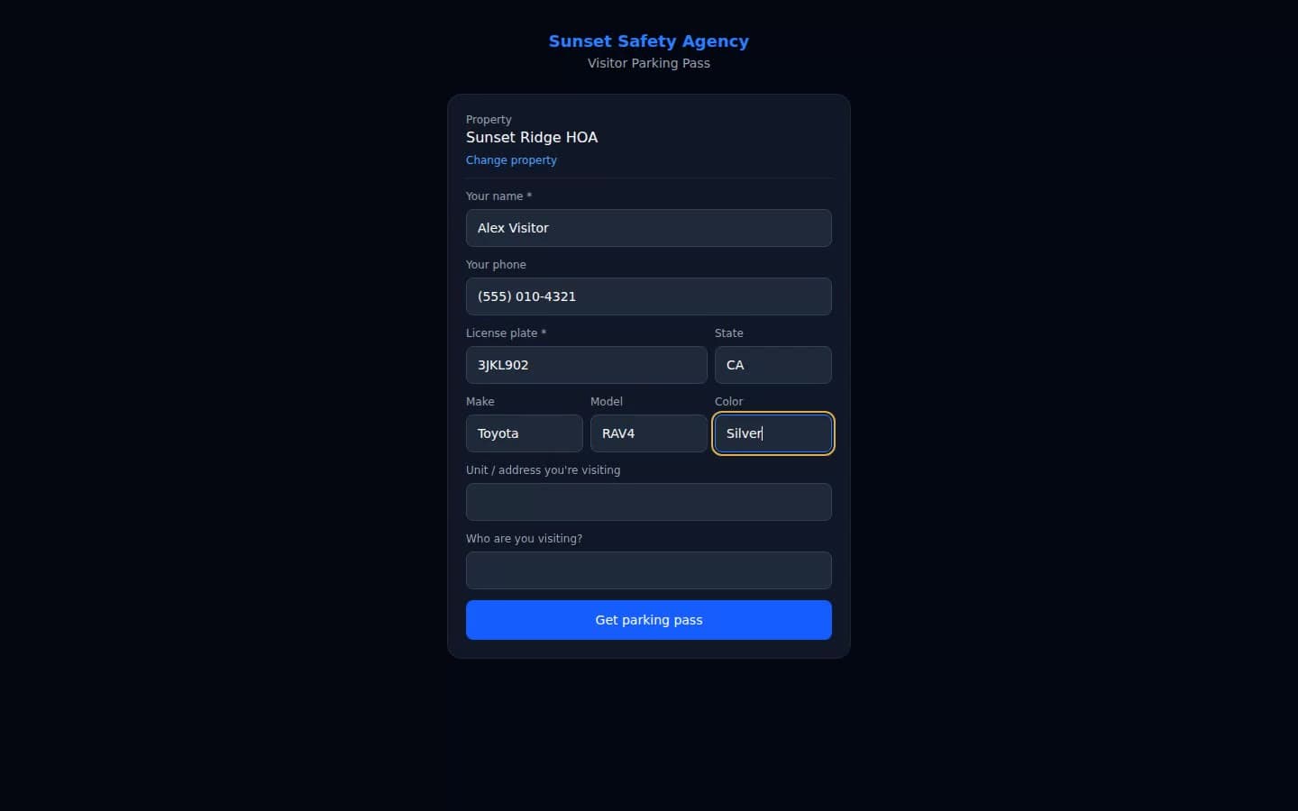 Screen recording of the public guest safelist flow issuing a visitor parking pass